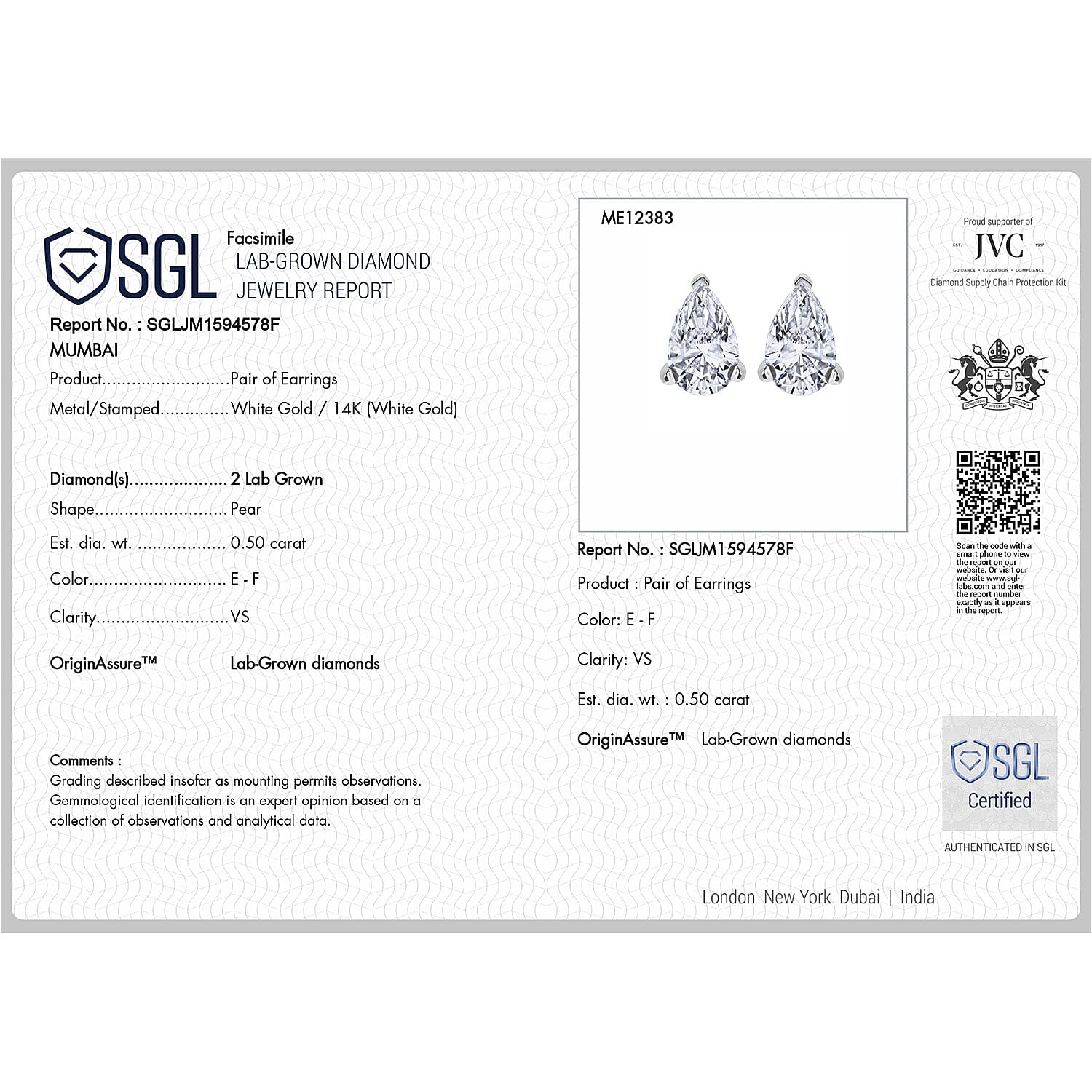 Luxuriant Diamond 14K White Gold SGL Certified (VS-E-F) Pear Cut Lab Grown Diamond Stud Push Back Earrings 0.50 Ct.