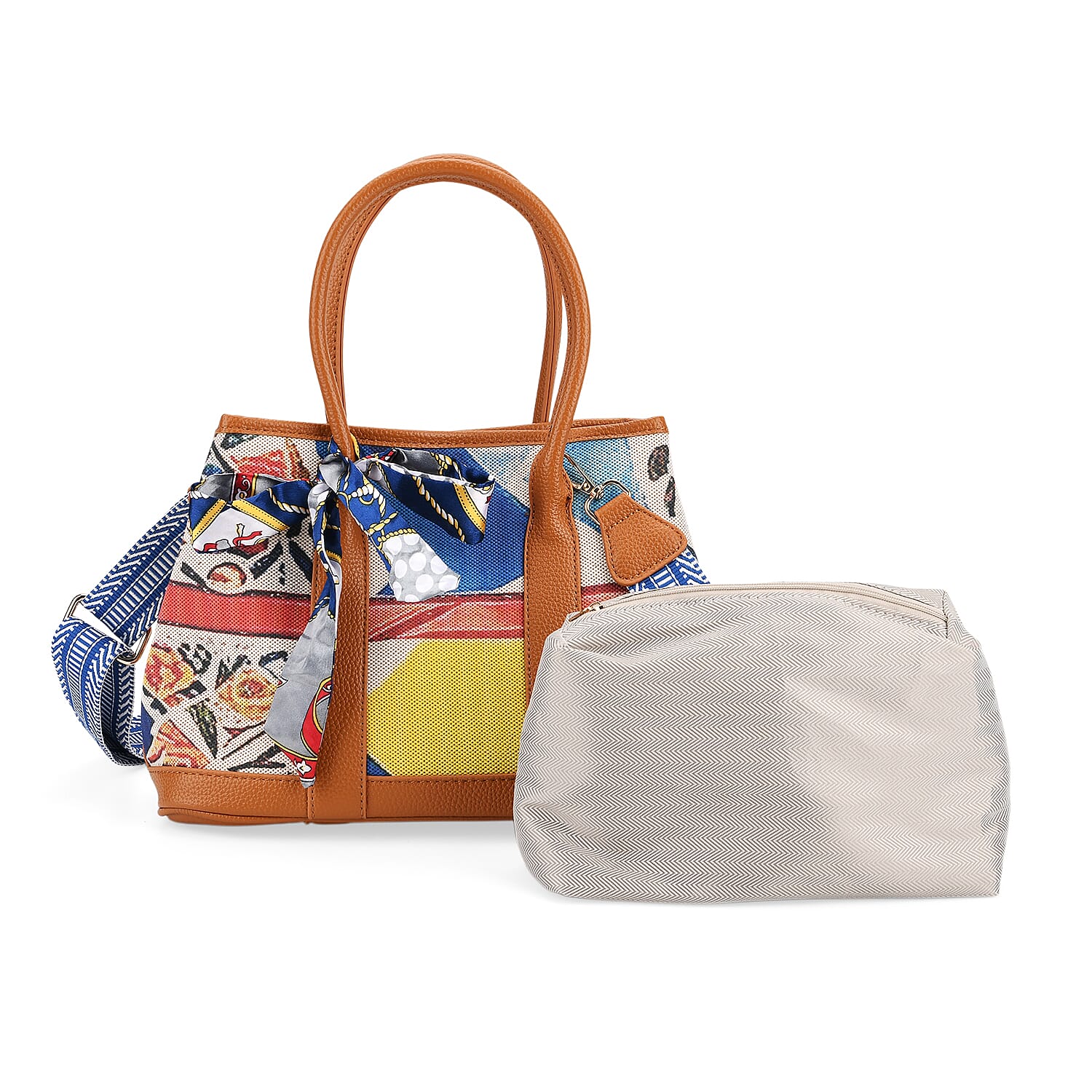 Trendy Graffiti Tote Bag with Mini Pouch - Yellow - Brown