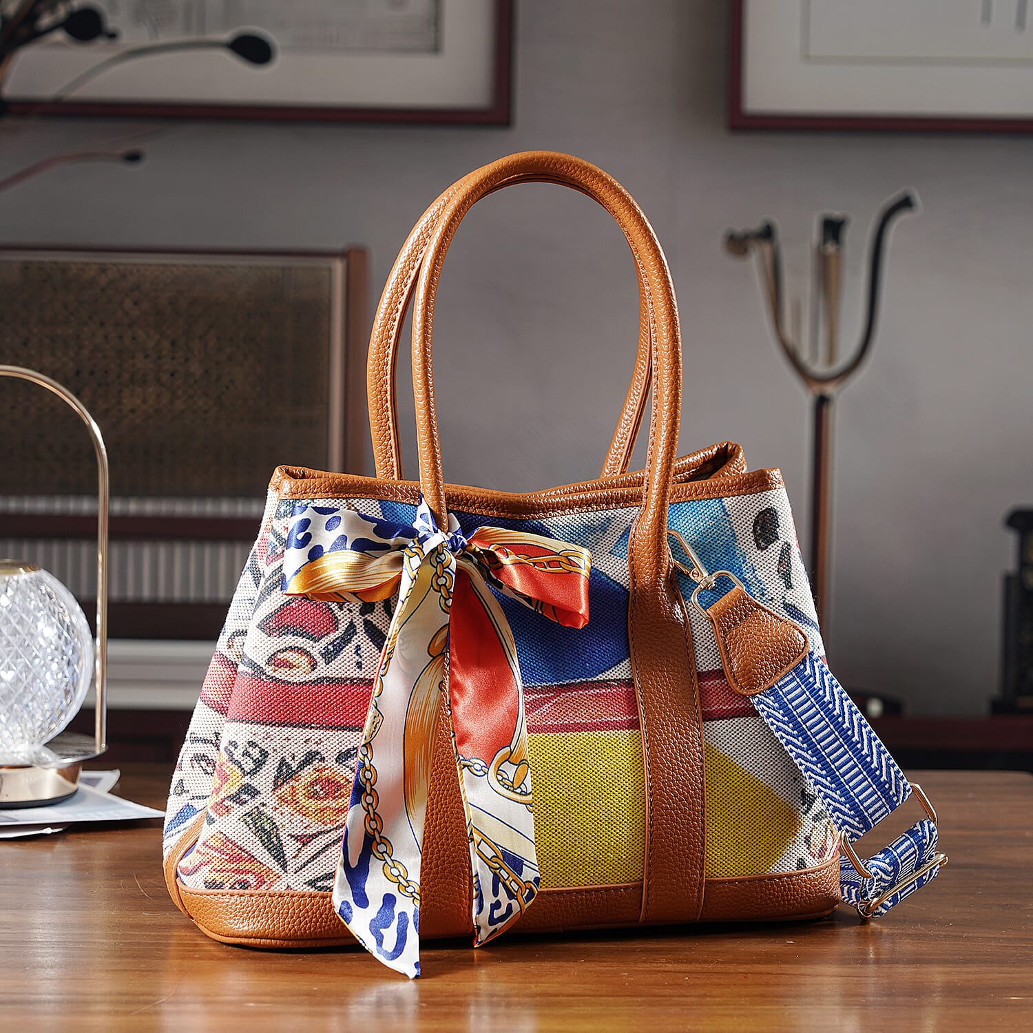 Trendy Graffiti Tote Bag with Mini Pouch - Yellow - Brown