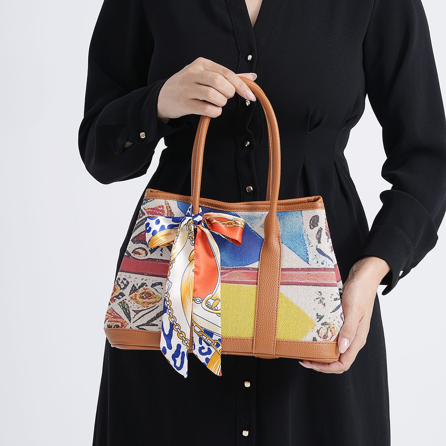 Trendy Graffiti Tote Bag with Mini Pouch - Yellow - Brown