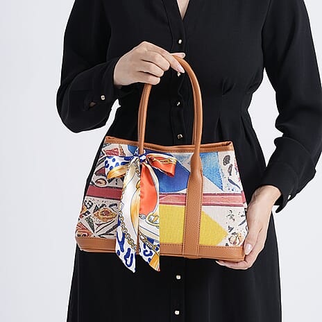 Trendy Graffiti Tote Bag with Mini Pouch - Yellow - Brown