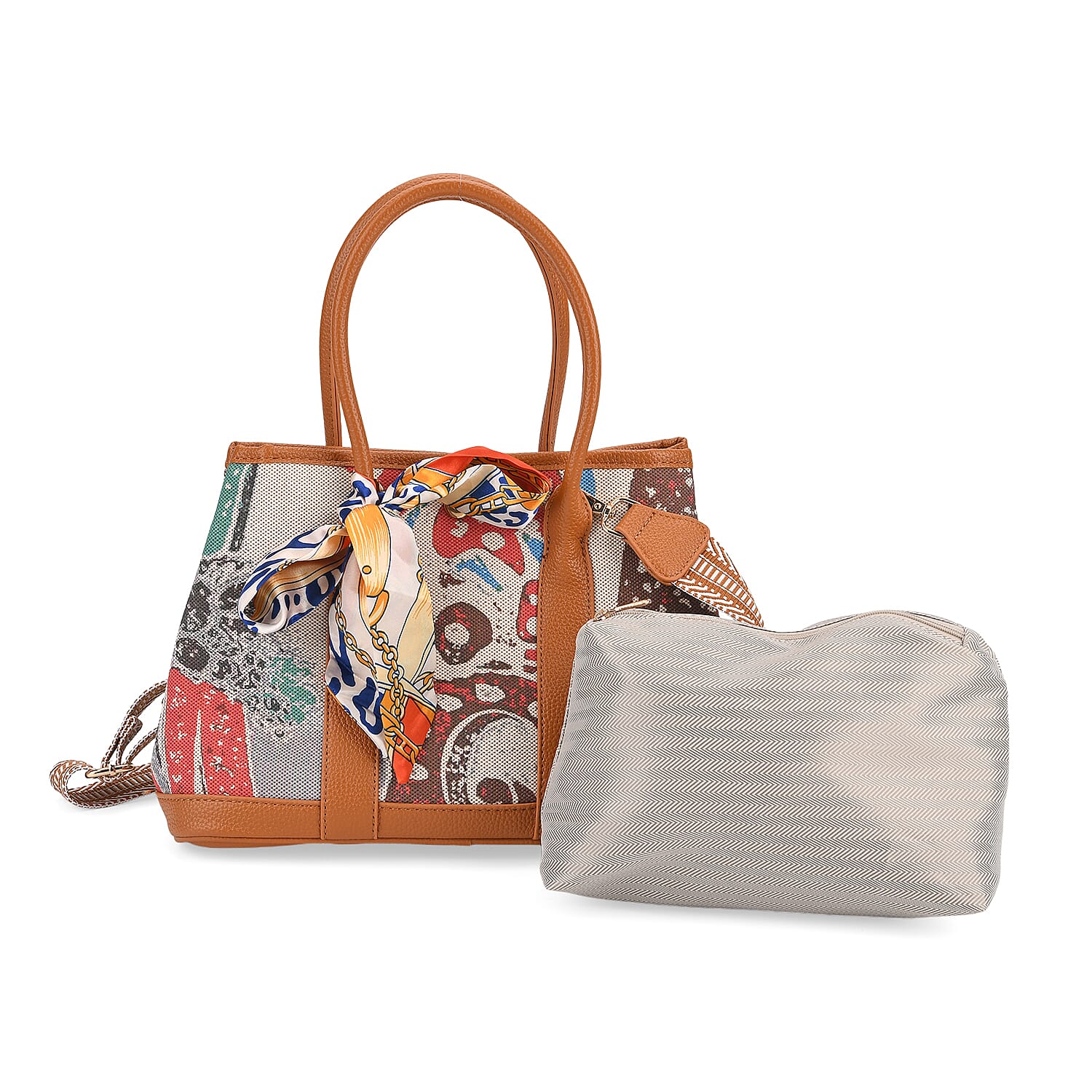 Trendy Graffiti Tote Bag with Mini Pouch - Brown - Multicolour