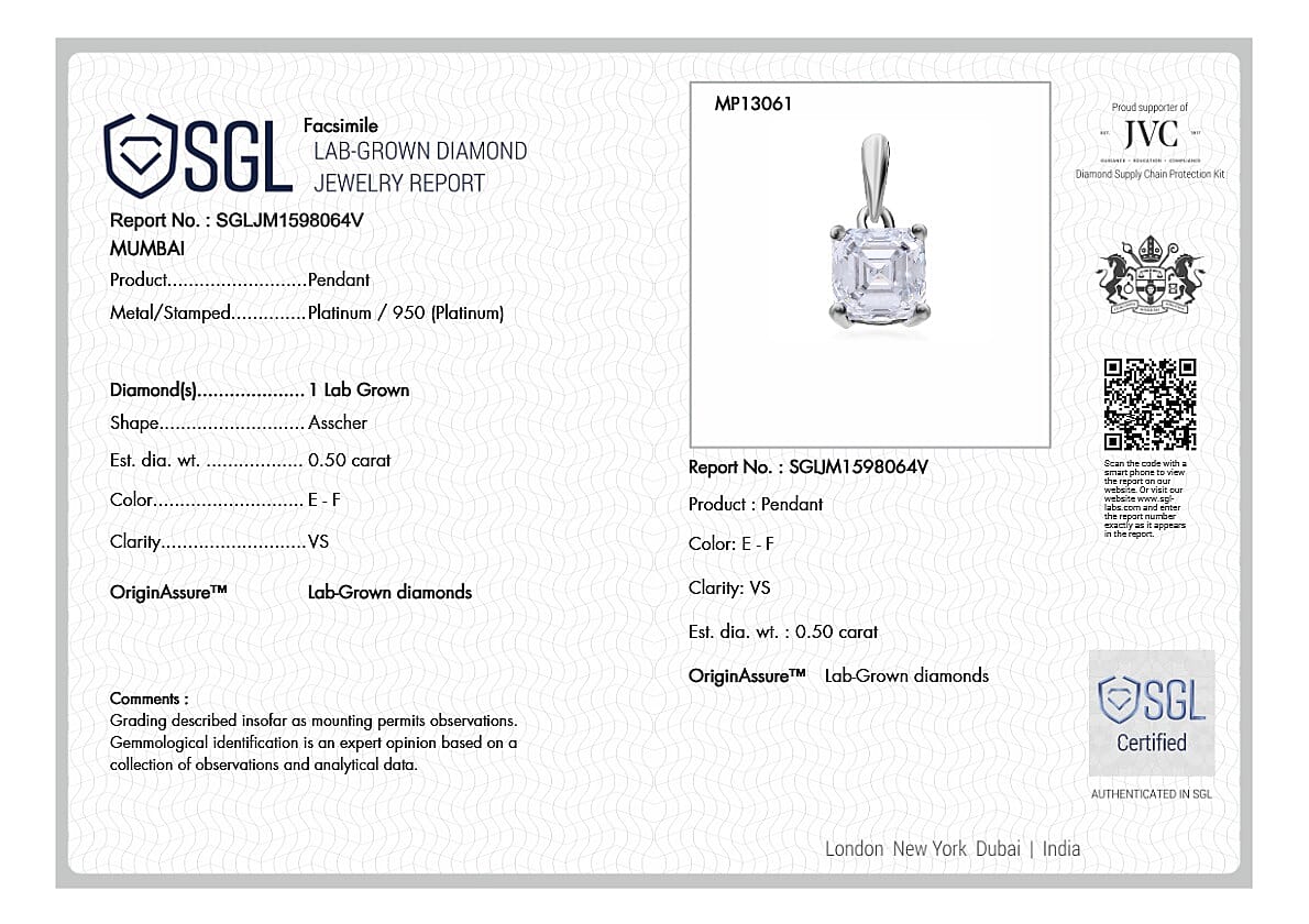 Luxuriant Diamond 950 Platinum SGL Certified VS-EF Lab Grown Diamond Pendant 0.50 Ct.