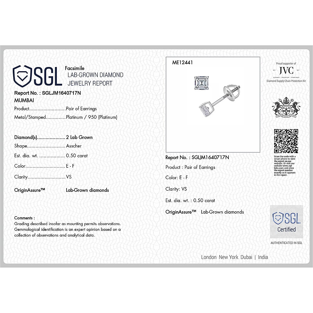 Luxuriant Diamond 950 Platinum SGL Certified (VS-E-F) Asscher Cut  Lab Grown Diamond Earring 0.54 Ct.