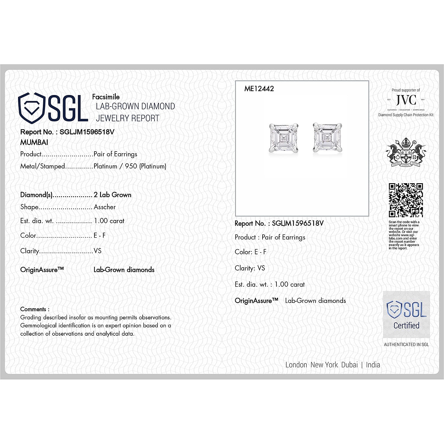 Luxuriant Diamond 950 Platinum SGL Certified (VS-E-F) Asscher Cut Lab Grown Diamond Stud Earring with Screw Back 1.00 Ct.