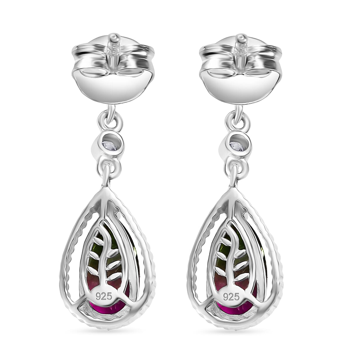 Watermelon Quartz Triplet & White Zircon Dangling Earring with Push Back in Rhodium Overlay Sterling Silver 2.57 Ct. Watermelon Quartz Triplet & White Zircon Dangling Earring with Push Back in Rhodium Overlay Sterling Silver 2.57 Ct.