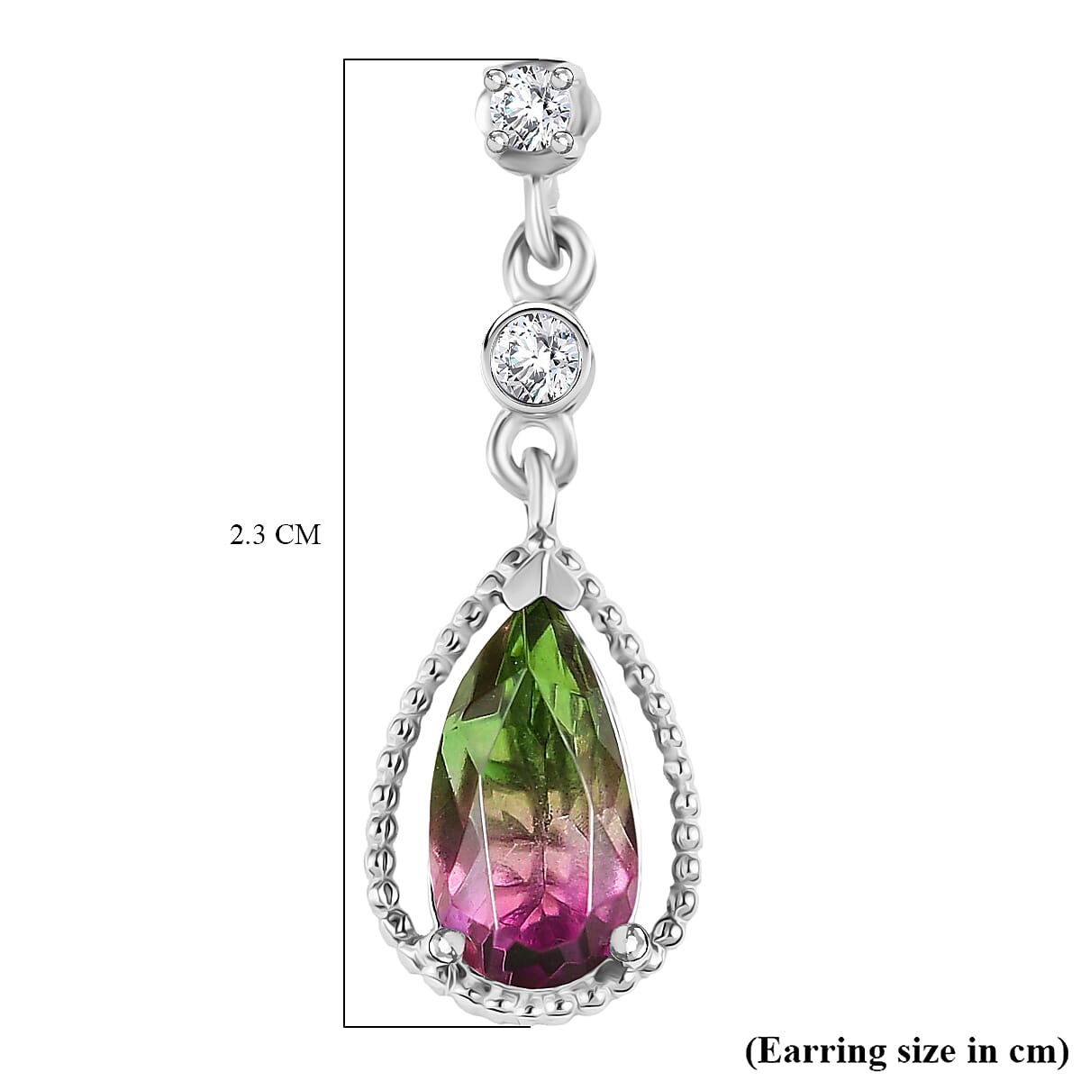 Watermelon Quartz Triplet & White Zircon Dangling Earring with Push Back in Rhodium Overlay Sterling Silver 2.57 Ct. Watermelon Quartz Triplet & White Zircon Dangling Earring with Push Back in Rhodium Overlay Sterling Silver 2.57 Ct.
