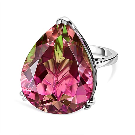 Watermelon Quartz Triplet Solitaire Ring in Rhodium Overlay Sterling Silver 36.99 Ct, Silver Wt.5.40 Gms.