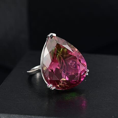 Watermelon Quartz Triplet Solitaire Ring in Rhodium Overlay Sterling Silver 36.99 Ct, Silver Wt.5.40 Gms.
