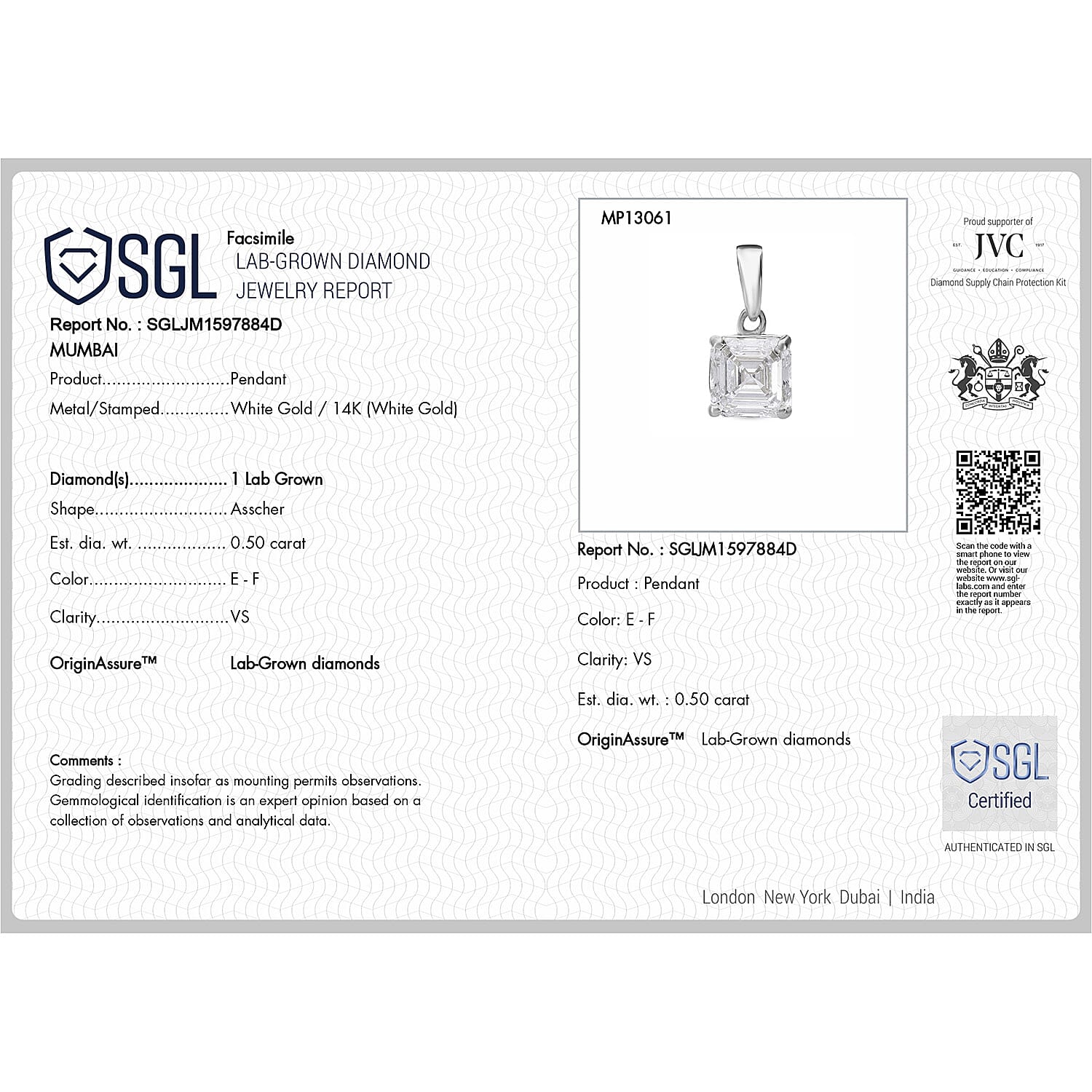 Luxuriant Diamond 14K White Gold SGL Certified (VS-E-F) Asscher Cut Lab Grown Diamond Solitaire Pendant 0.54 Ct.
