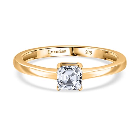 Luxuriant Diamond Asscher Cut Lab Grown Diamond Solitaire Ring in Vermeil Yellow Gold Plated Sterling Silver
