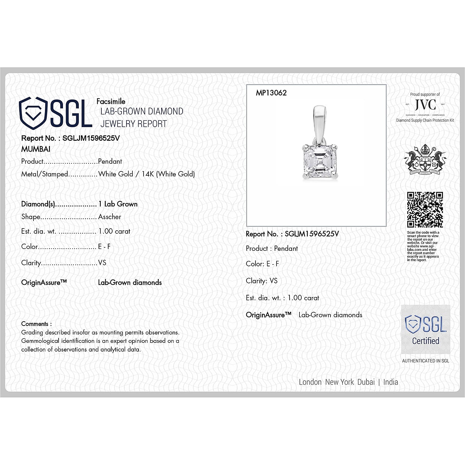 Luxuriant Diamond 14K White Gold SGL Certified (VS-E-F) Asscher Cut Lab Grown Diamond Solitaire Pandent 1.04 Ct. Luxuriant Diamond 14K White Gold SGL Certified (VS-E-F) Asscher Cut Lab Grown Diamond Solitaire Pandent 1.04 Ct.