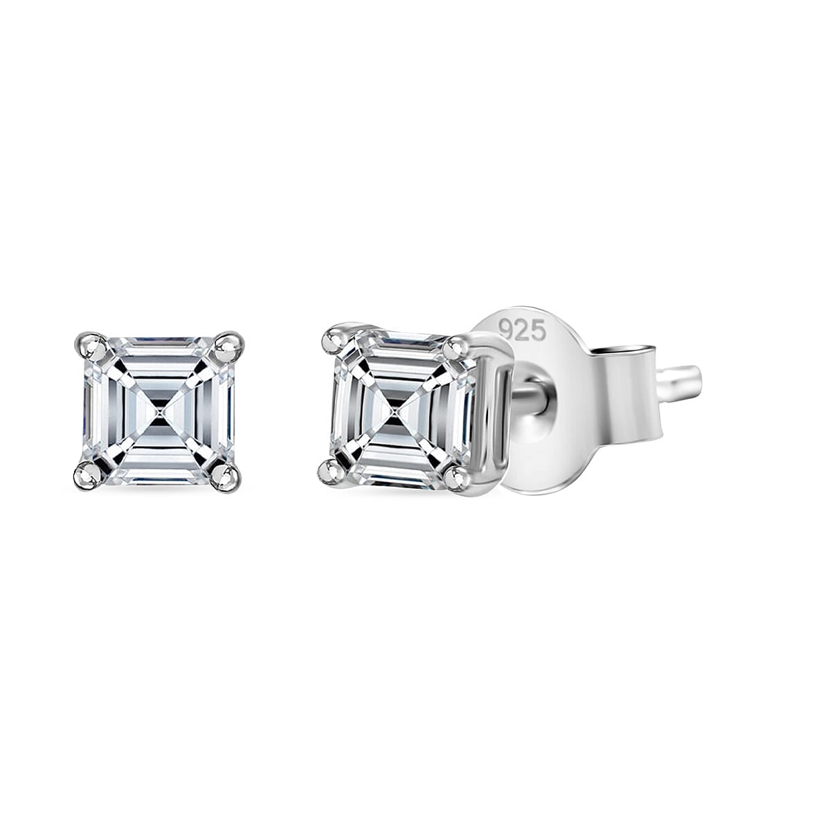 Luxuriant Diamond Asscher Cut Lab Grown Diamond Stud Push Back Earring in Rhodium Overlay Sterling Silver