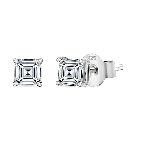 Luxuriant Diamond Asscher Cut Lab Grown Diamond Stud Push Back Earring in Rhodium Overlay Sterling Silver