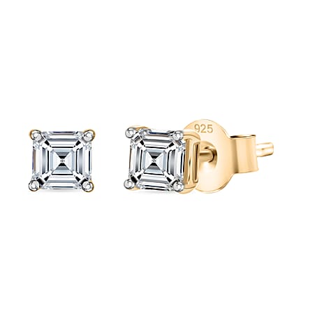 Luxuriant Diamond Asscher Cut Lab Grown Diamond Stud Push Back Earring in Vermeil Yellow Gold Plated Sterling Silver