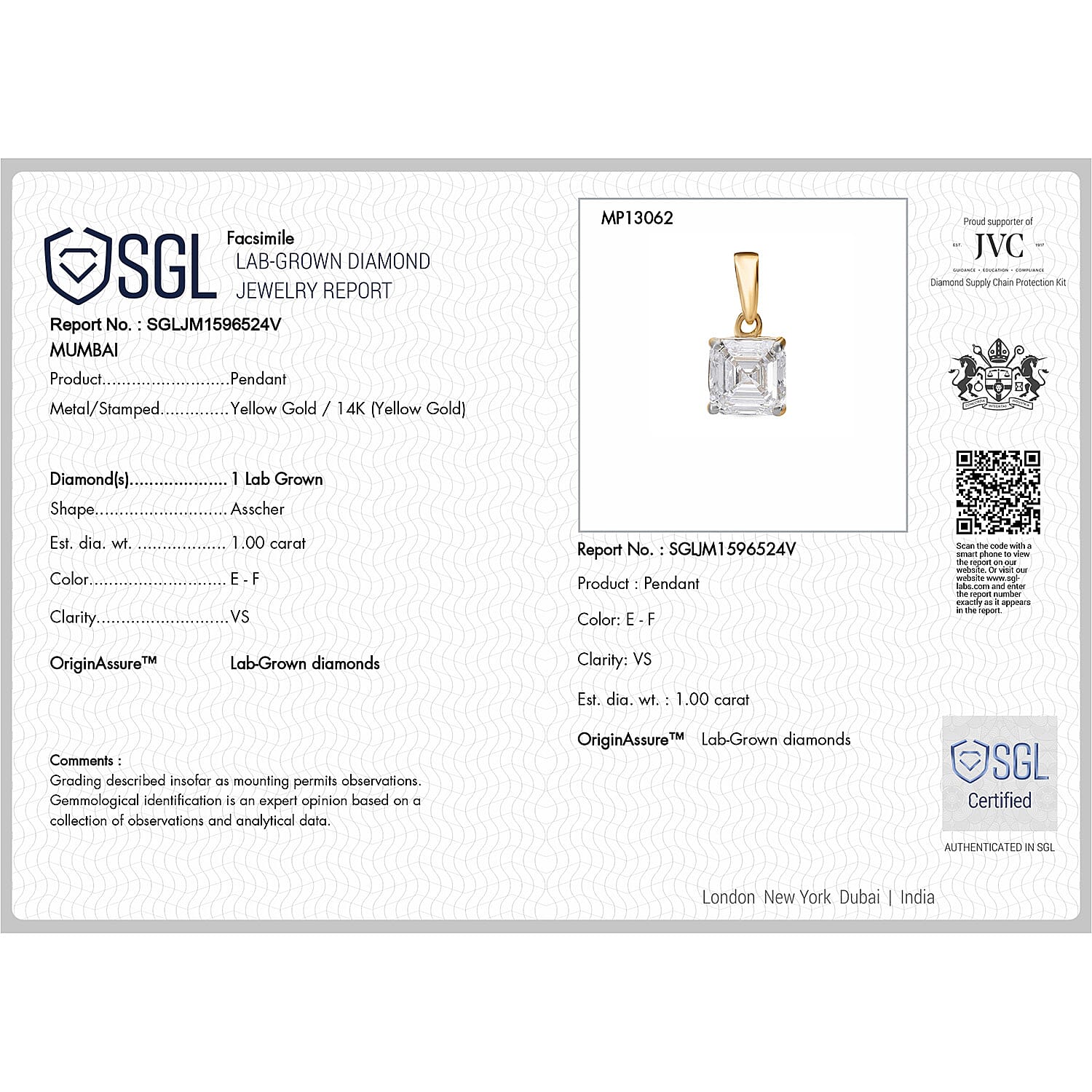 Luxuriant Diamond 14K Yellow Gold SGL Certified (VS-E-F) Asscher Cut Lab Grown Diamond Solitaire Pandent 1.00 Ct.