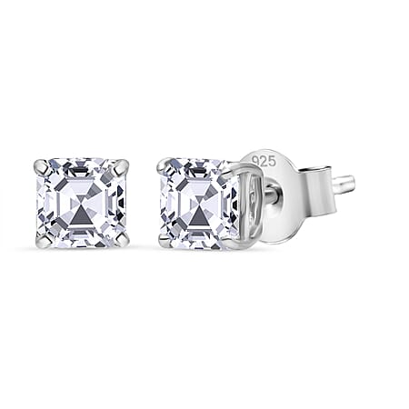 LUXURIANT Asscher Cut Lab Grown Diamond Stud Push Back Earring in Rhodium Overlay Sterling Silver 1 Ct.