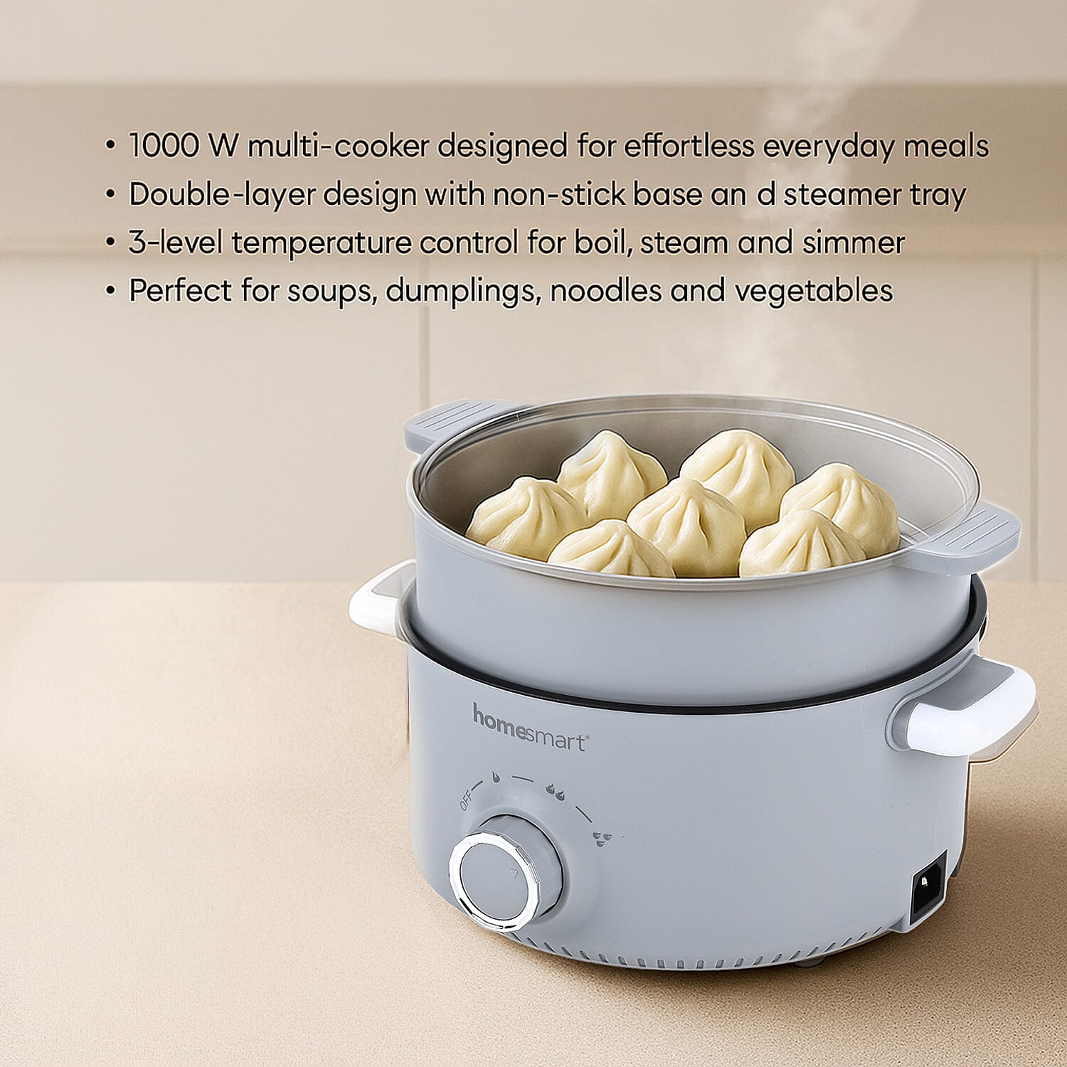 THE ONE POT Electric Cooking Pot with Steamer - 1000W Non-Stick Multi-Cooker (3.2L) - Light Grey