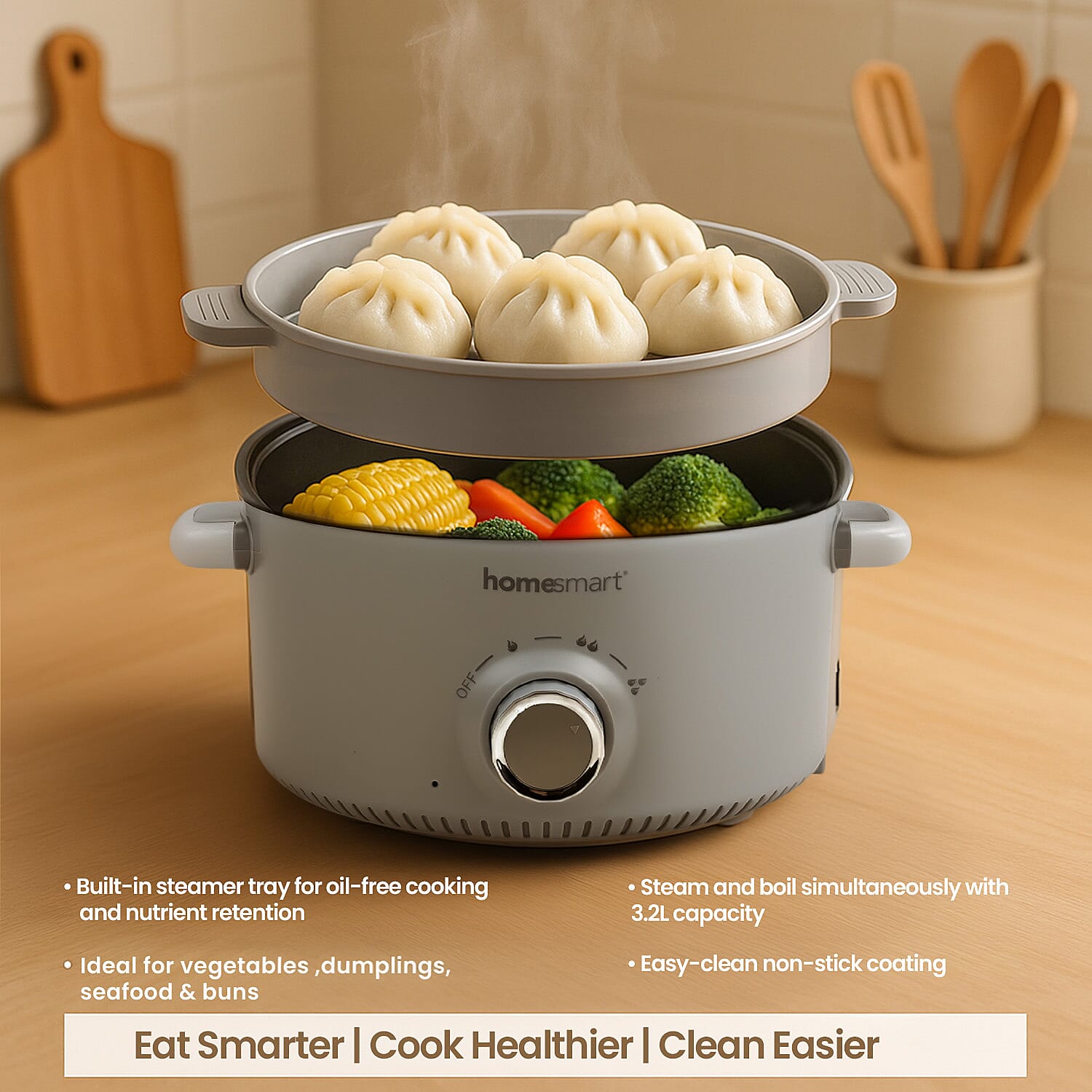 THE ONE POT Electric Cooking Pot with Steamer - 1000W Non-Stick Multi-Cooker (3.2L) - Light Grey