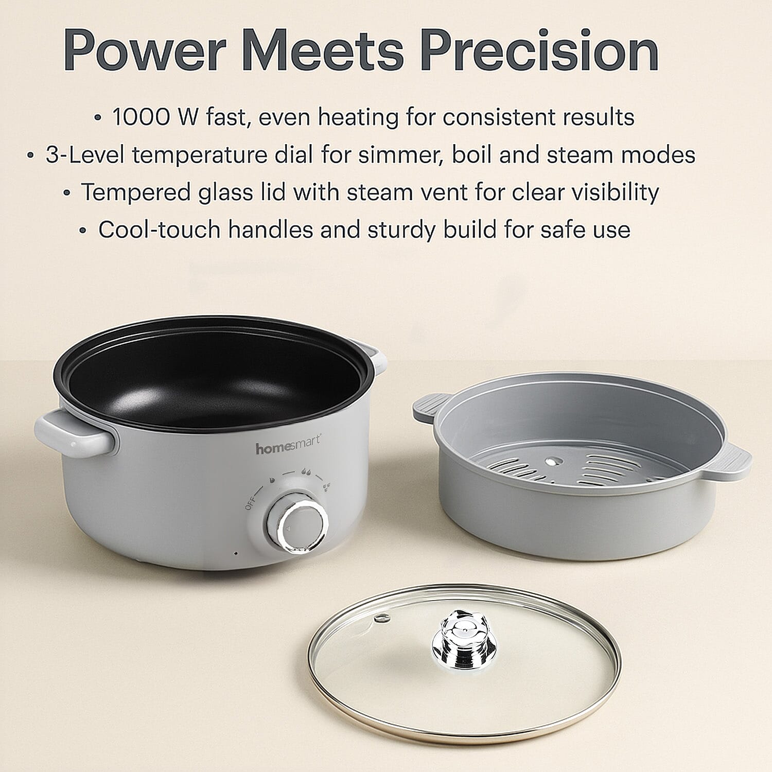 THE ONE POT Electric Cooking Pot with Steamer - 1000W Non-Stick Multi-Cooker (3.2L) - Light Grey