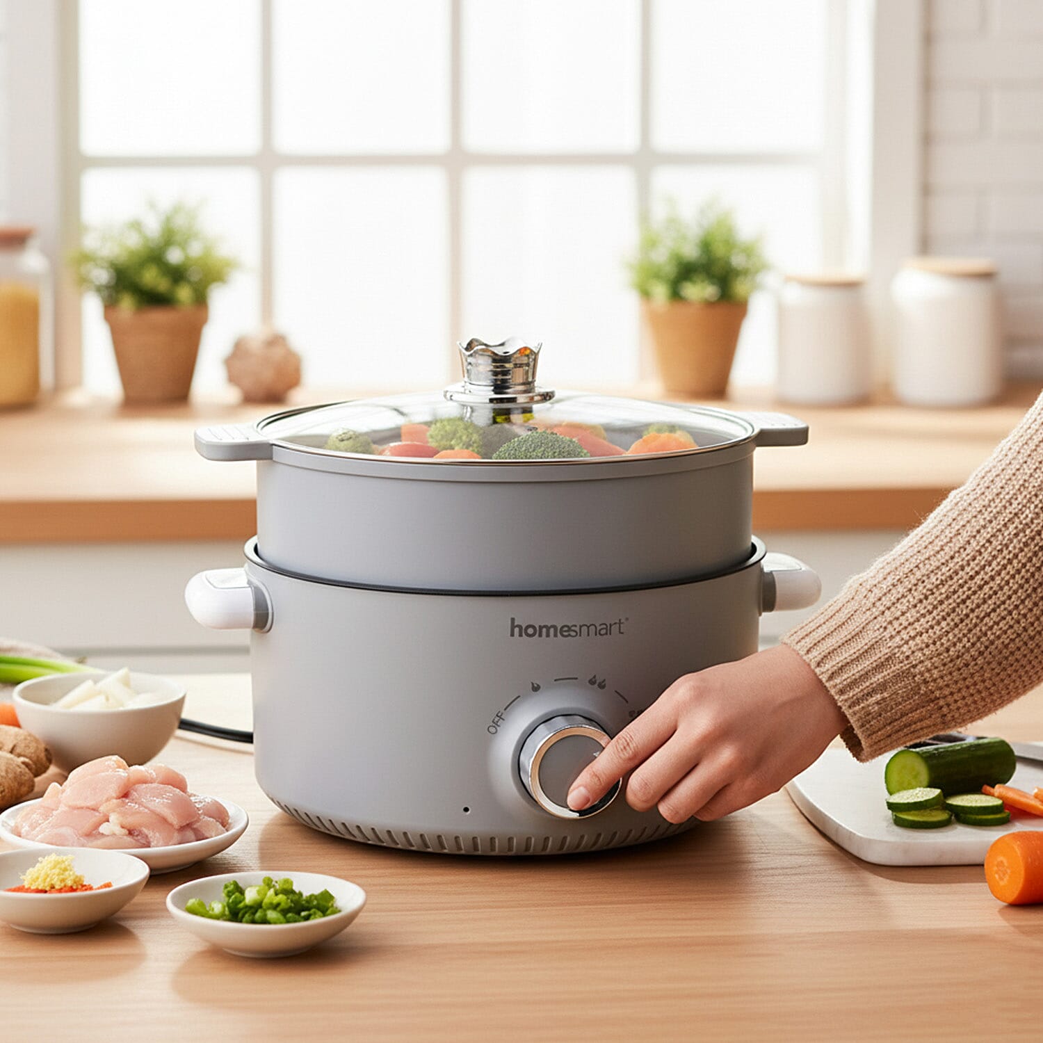 THE ONE POT Electric Cooking Pot with Steamer - 1000W Non-Stick Multi-Cooker (3.2L) - Light Grey