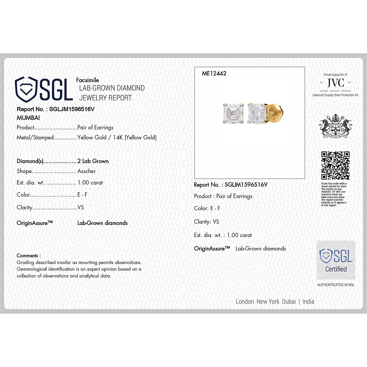 Luxuriant Diamond 14K Yellow Gold SGL Certified (VS-E-F) Asscher Cut Lab Grown Diamond Stud Push Back Earrings 1.00 Ct.