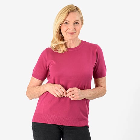 Emma Round Neck Solid Casual Top (Size 16) - Fuchsia