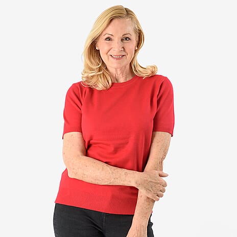 Emma Round Neck Solid Casual Top (Size 16) - Red