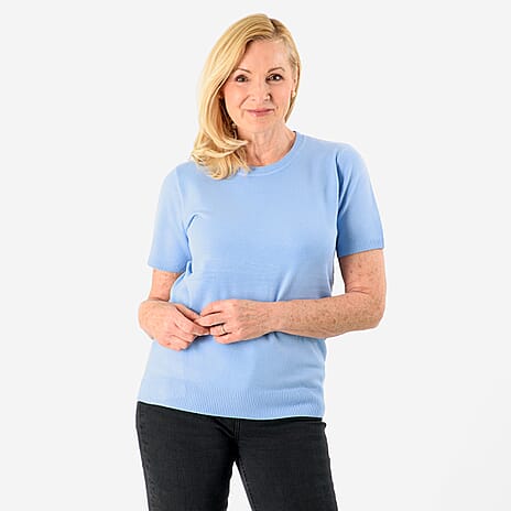 Emma Round Neck Solid Casual Top (Size 12) - Sky Blue