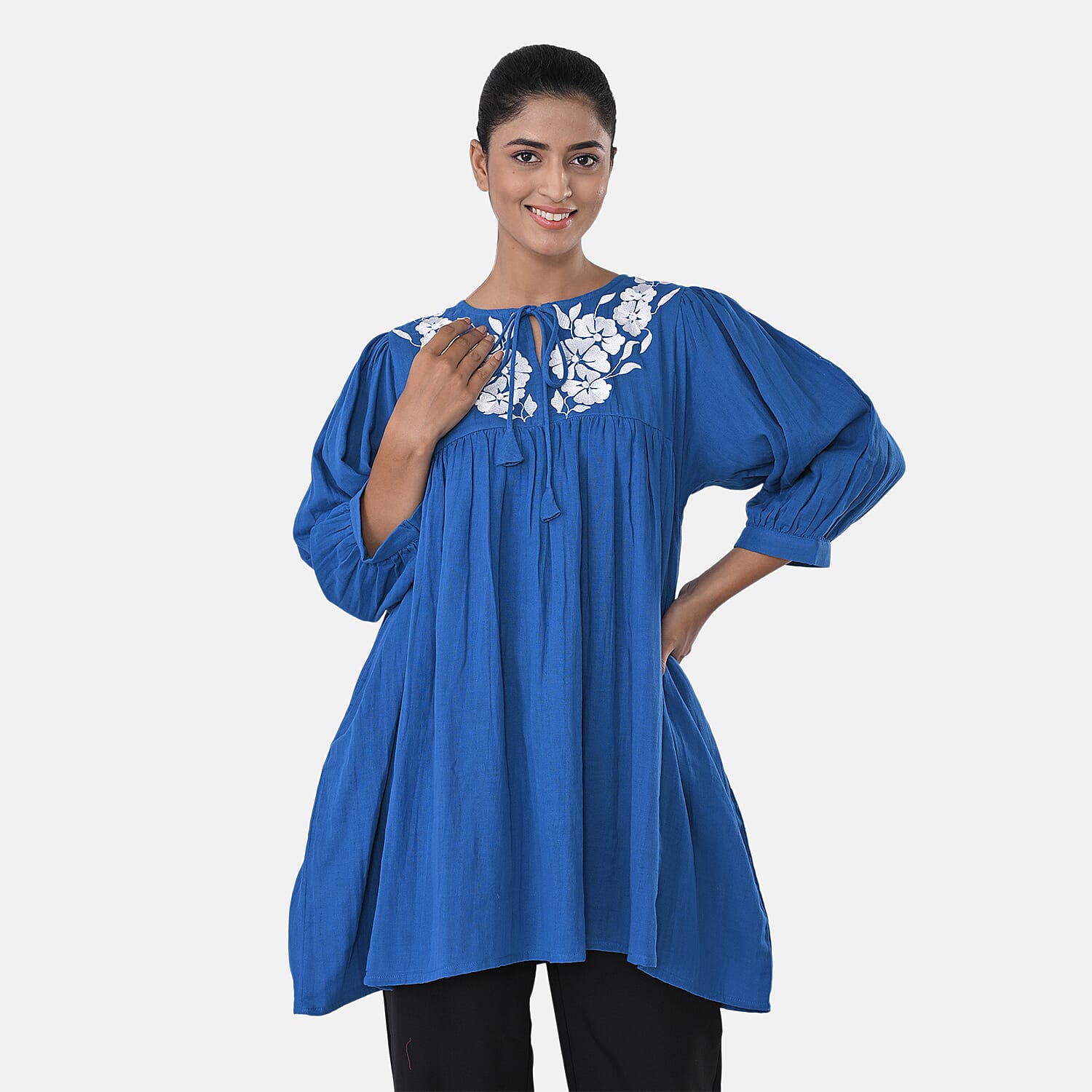 Womens Embroidered Cotton Double Gauze Relaxed Fit Tunic Top