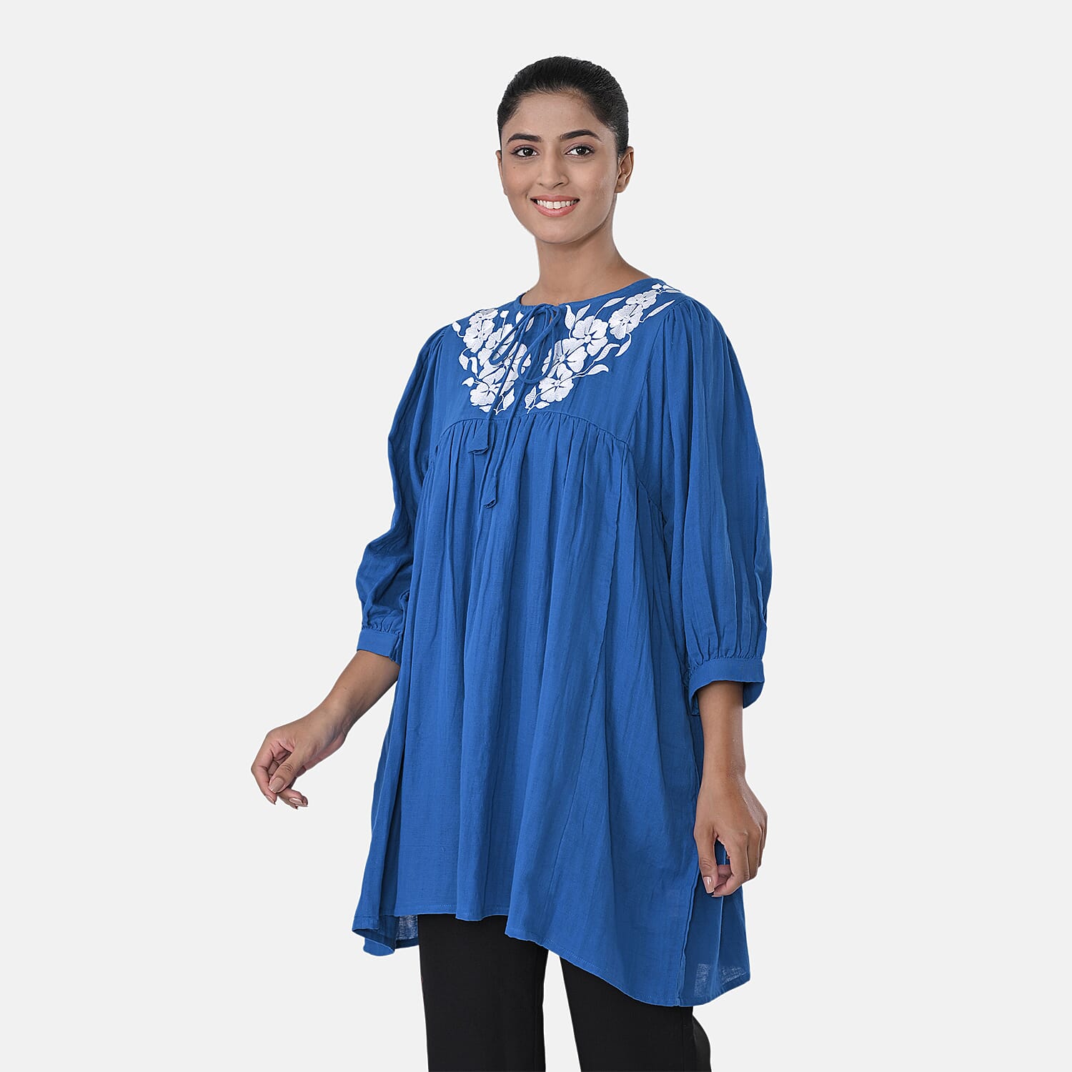 Womens Embroidered Cotton Double Gauze Relaxed Fit Tunic Top