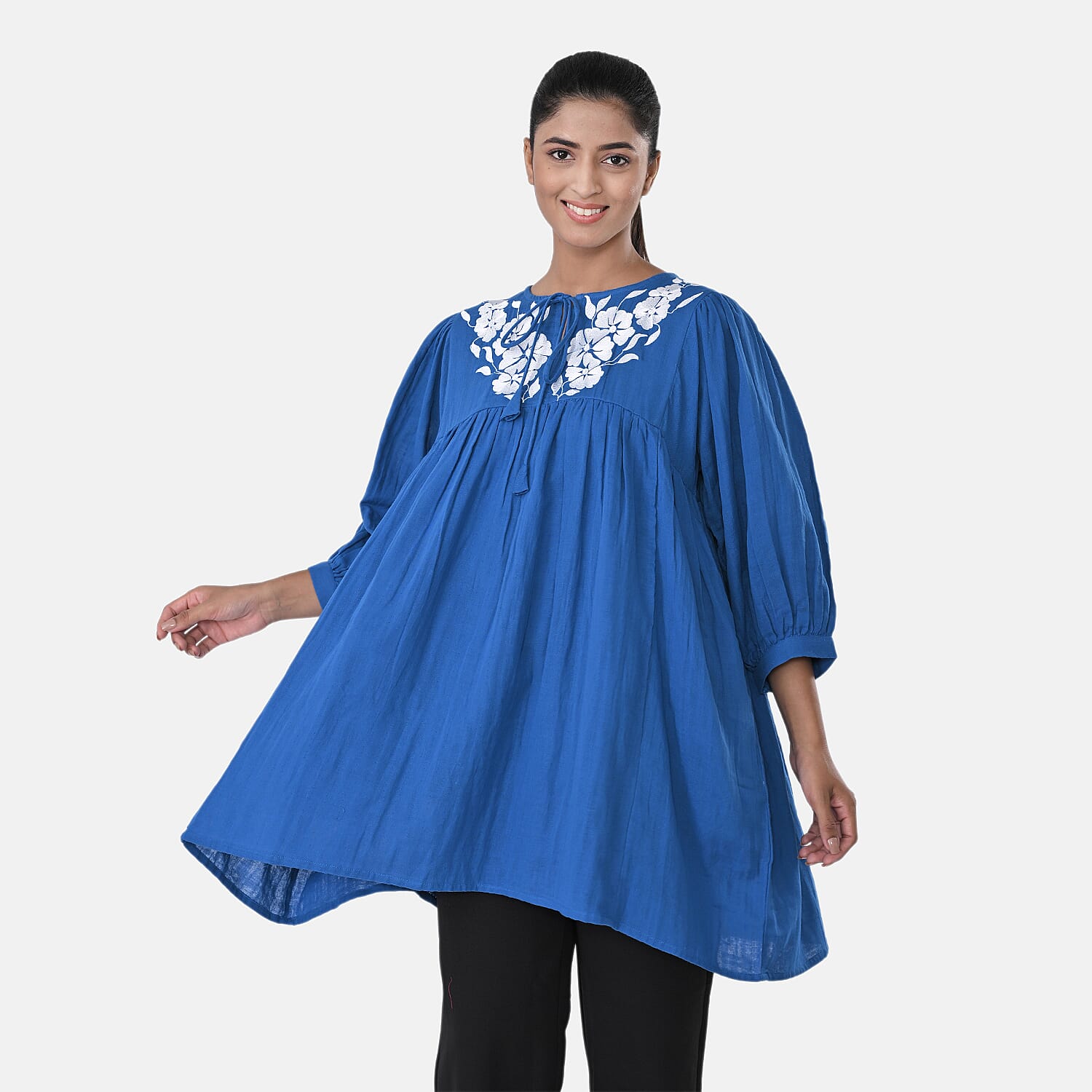 Womens Embroidered Cotton Double Gauze Relaxed Fit Tunic Top