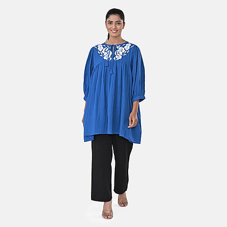 Womens Embroidered Cotton Double Gauze Relaxed Fit Tunic Top (Size XL) - Blue