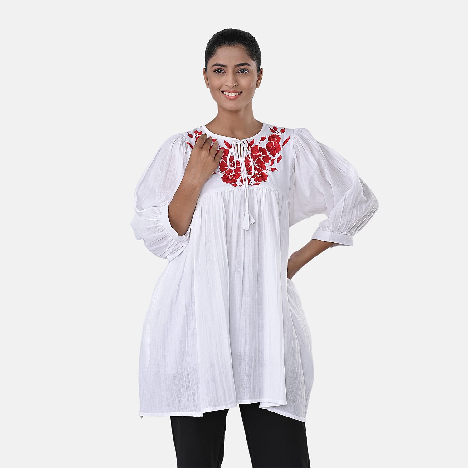 Womens Embroidered Cotton Double Gauze Relaxed Fit Tunic Top