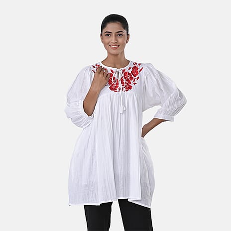 Womens Embroidered Cotton Double Gauze Relaxed Fit Tunic Top (Size M) - White