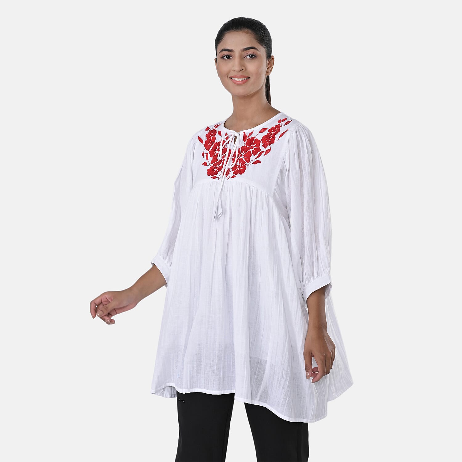 Womens Embroidered Cotton Double Gauze Relaxed Fit Tunic Top
