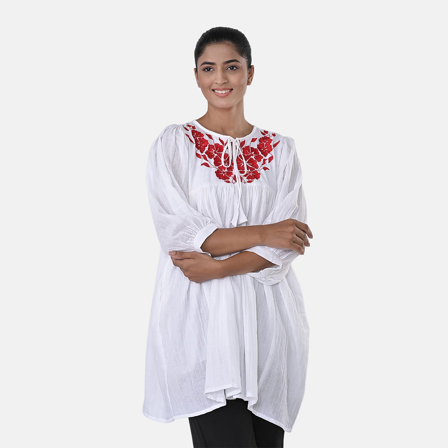 Womens Embroidered Cotton Double Gauze Relaxed Fit Tunic Top