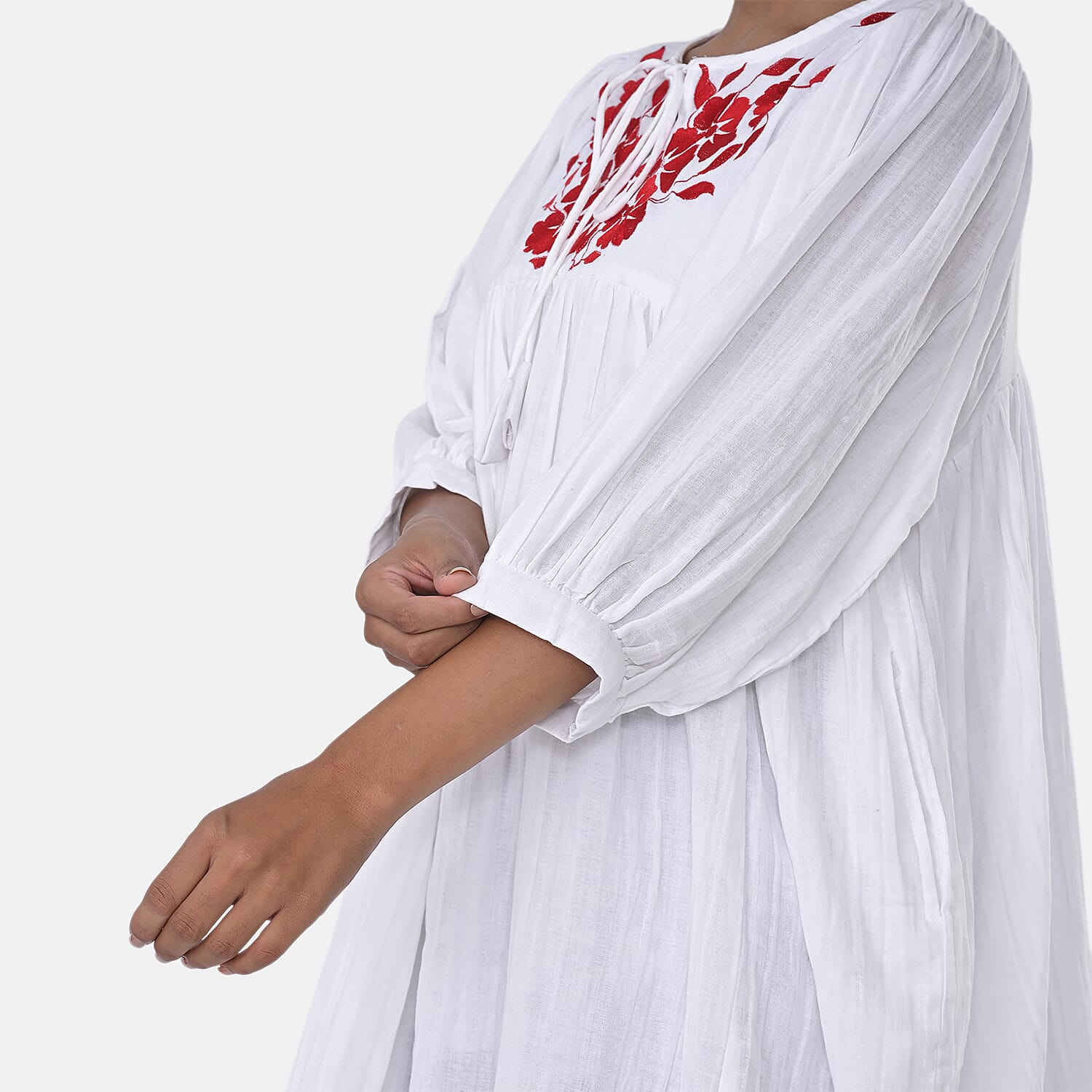 Womens Embroidered Cotton Double Gauze Relaxed Fit Tunic Top