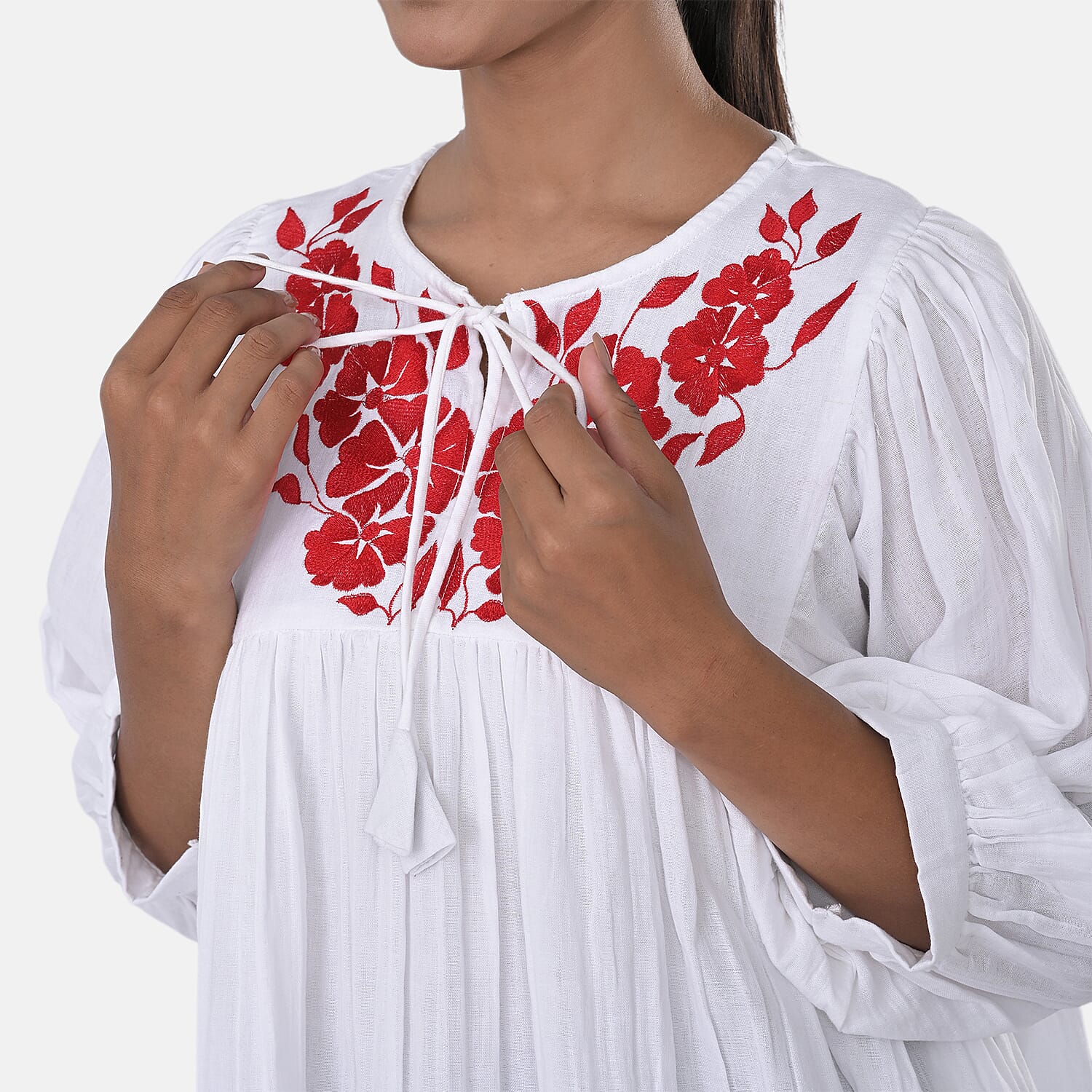 Womens Embroidered Cotton Double Gauze Relaxed Fit Tunic Top