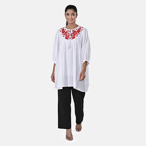 Womens Embroidered Cotton Double Gauze Relaxed Fit Tunic Top (Size XL) - White