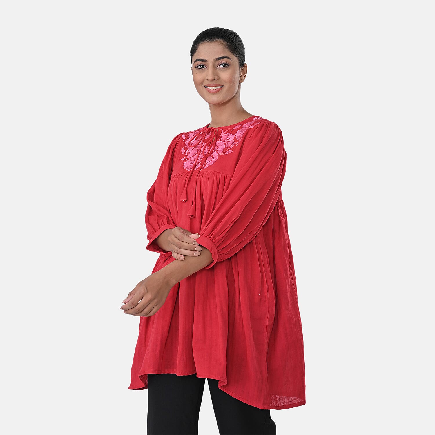 Womens Embroidered Cotton Double Gauze Relaxed Fit Tunic Top