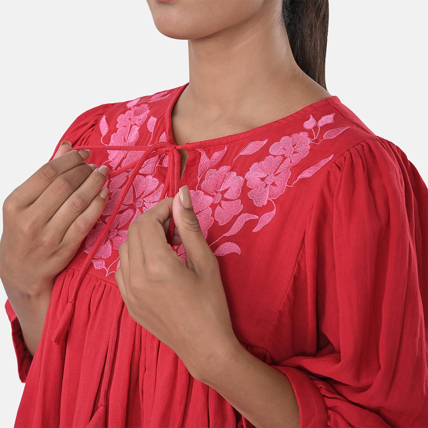 Womens Embroidered Cotton Double Gauze Relaxed Fit Tunic Top