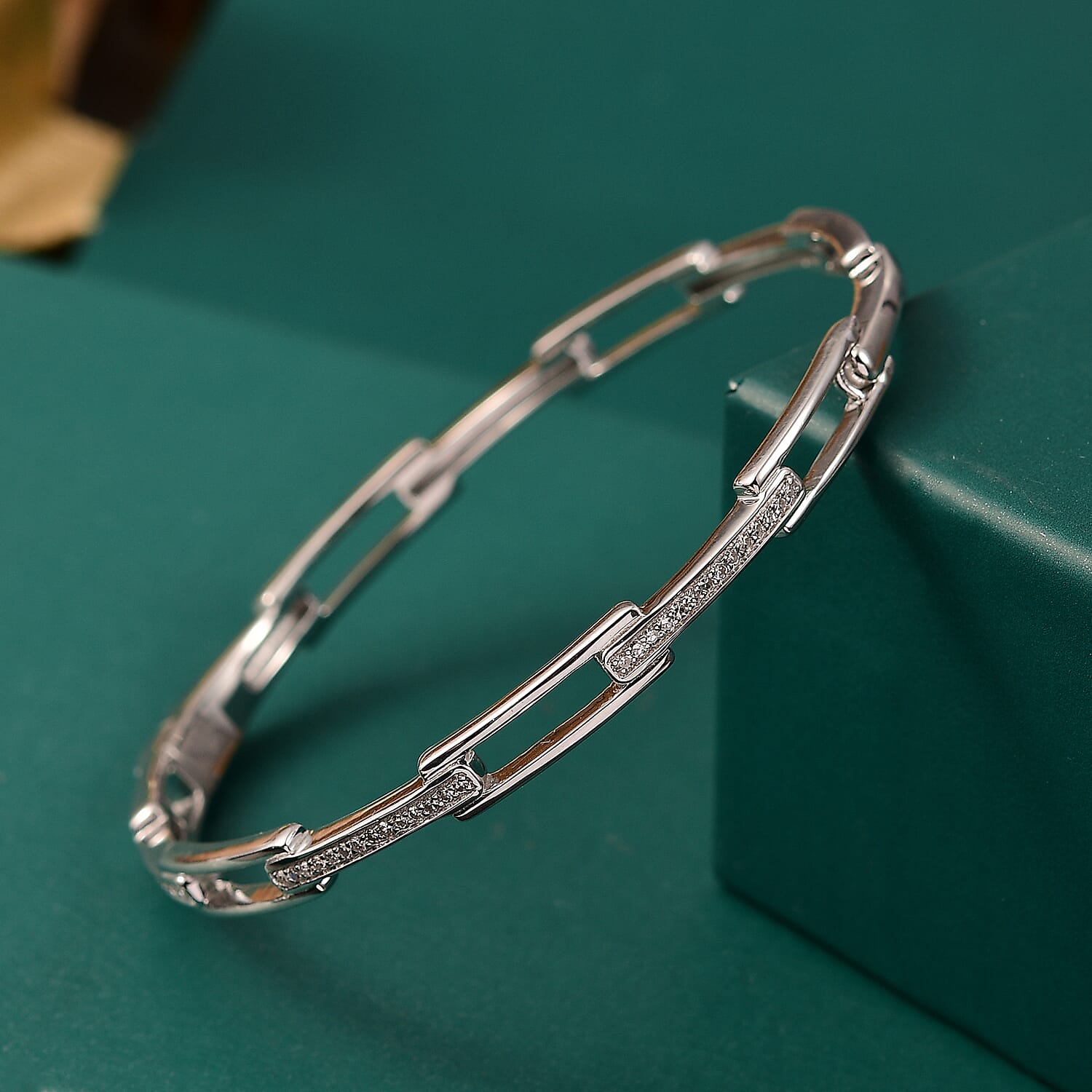 Luxuriant Diamond Lab Grown Diamond (SI-G-H) Bangle (Size - 7.5) in Rhodium Overlay Sterling Silver, Silver Wt. 13.67 Gms.