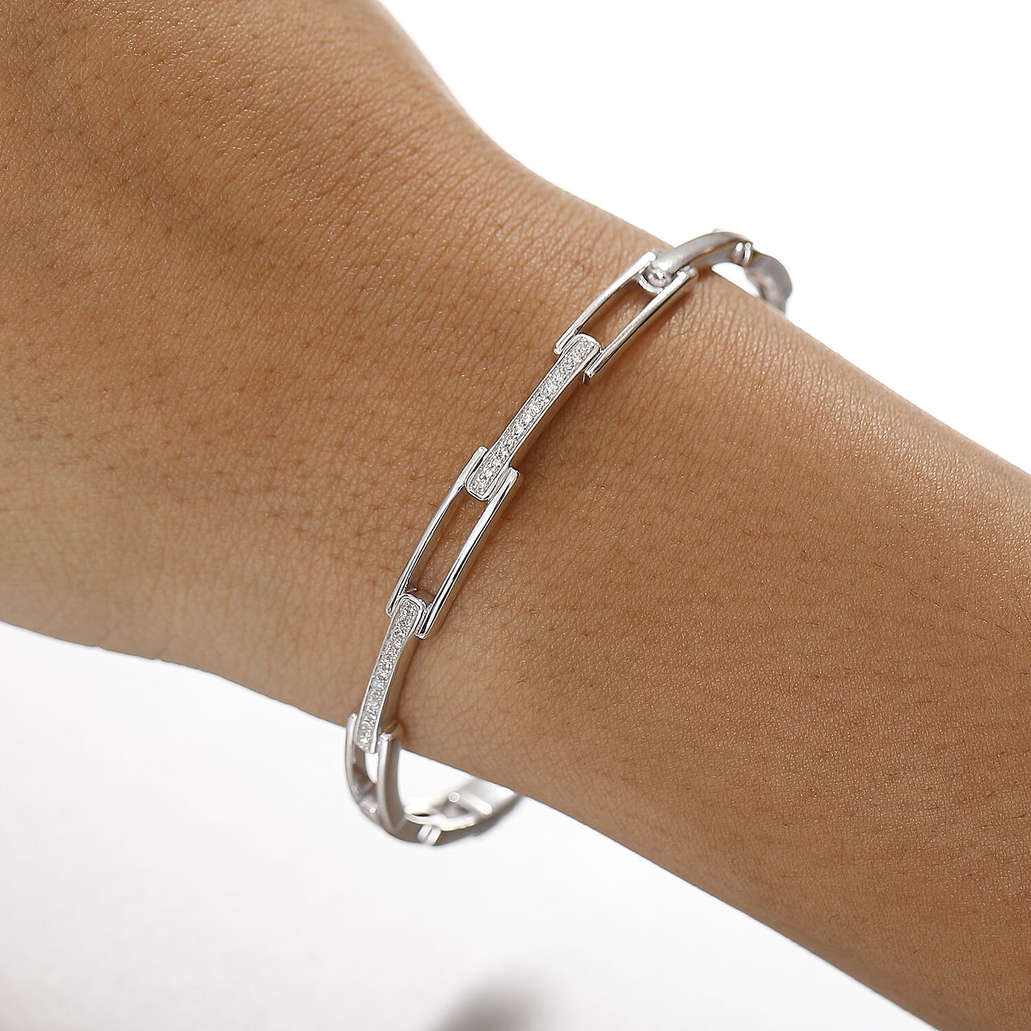 Luxuriant Diamond Lab Grown Diamond (SI-G-H) Bangle (Size - 7.5) in Rhodium Overlay Sterling Silver, Silver Wt. 13.67 Gms.