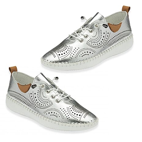 Lotus Tassia Ladies Leather Lace-Up Trainers with Perforated Detail (Size 3) - Silver