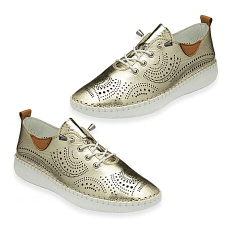 Lotus Tassia Ladies Leather Lace-Up Trainers with Perforated Detail (Size 8) - Gold