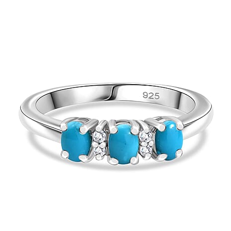 Sleeping Beauty Turquoise & White Zircon 3 Stone Ring in Platinum Overlay Sterling Silver