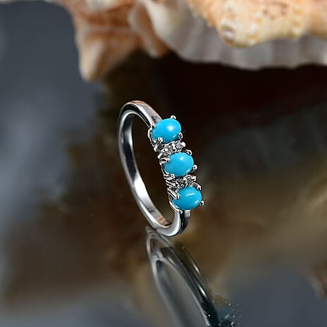 Sleeping Beauty Turquoise & White Zircon 3 Stone Ring in Platinum Overlay Sterling Silver