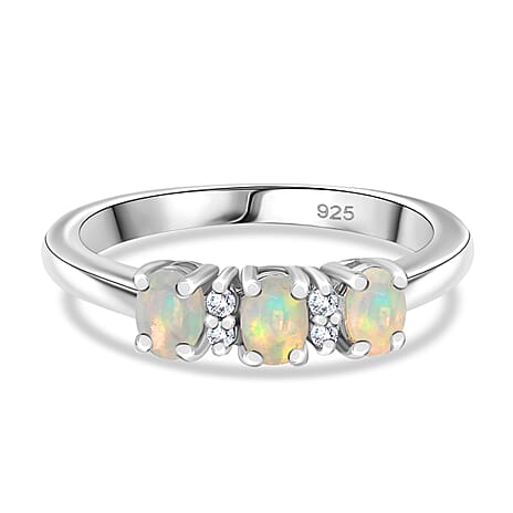 Ethiopian Opal & White Zircon 3 Stone Ring in Platinum Overlay Sterling Silver