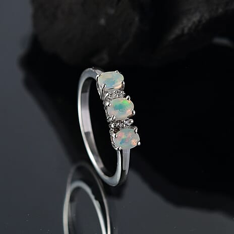 Ethiopian Opal & White Zircon 3 Stone Ring in Platinum Overlay Sterling Silver